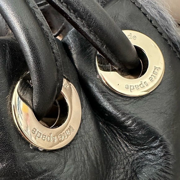 KATE SPADE RARE VINTAGE BLACK LEATHER GREY TONE FAUX FUR DRAWSTRING HANDBAG - Picture 7 of 15